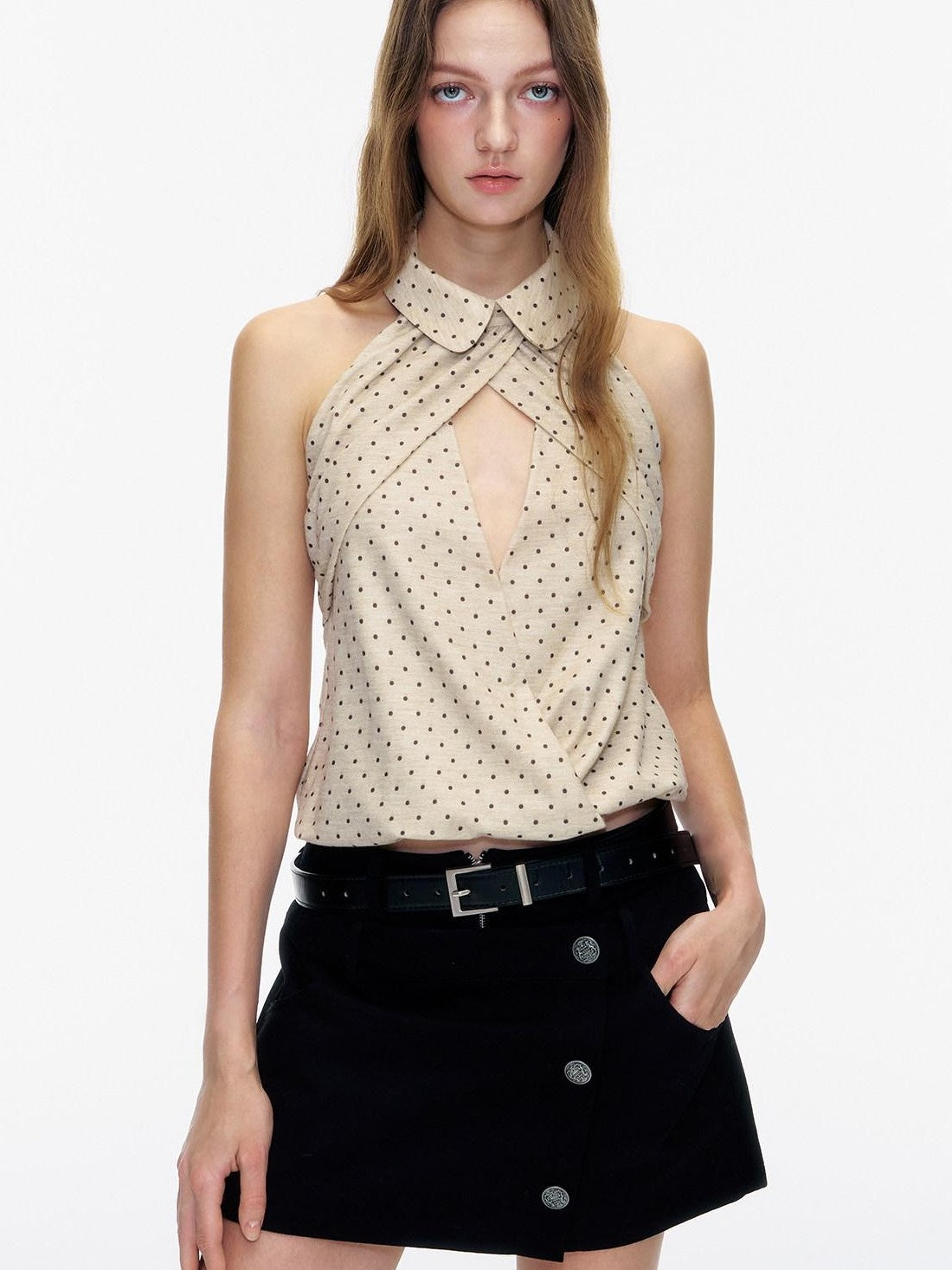 STRIKE A POSE Doll Collar Polka Dot Backless Pleated Women&