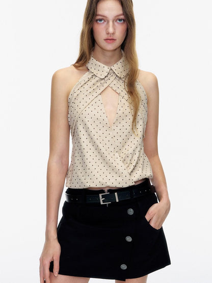 STRIKE A POSE Doll Collar Polka Dot Backless Pleated Women&