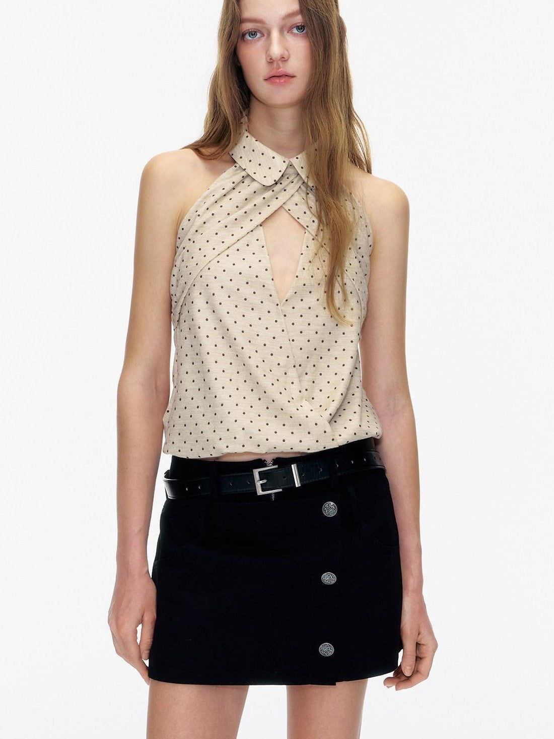 STRIKE A POSE Doll Collar Polka Dot Backless Pleated Women&