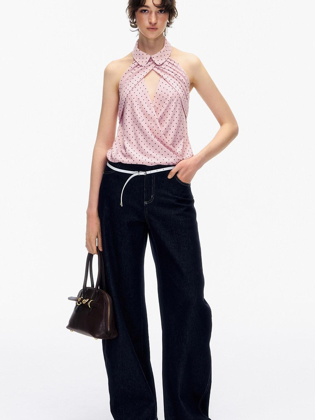 STRIKE A POSE Doll Collar Polka Dot Backless Pleated Women&