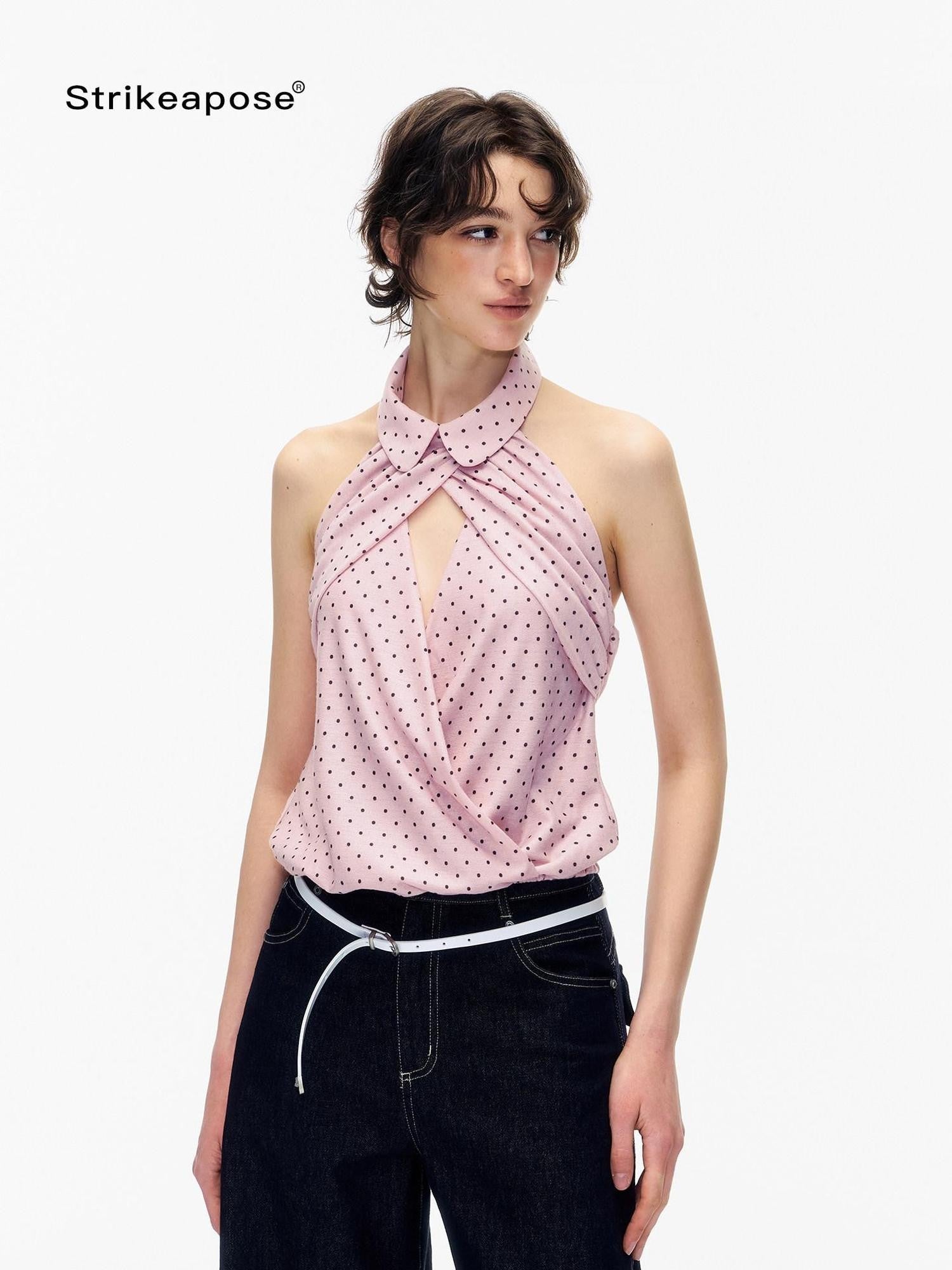 STRIKE A POSE Doll Collar Polka Dot Backless Pleated Women&