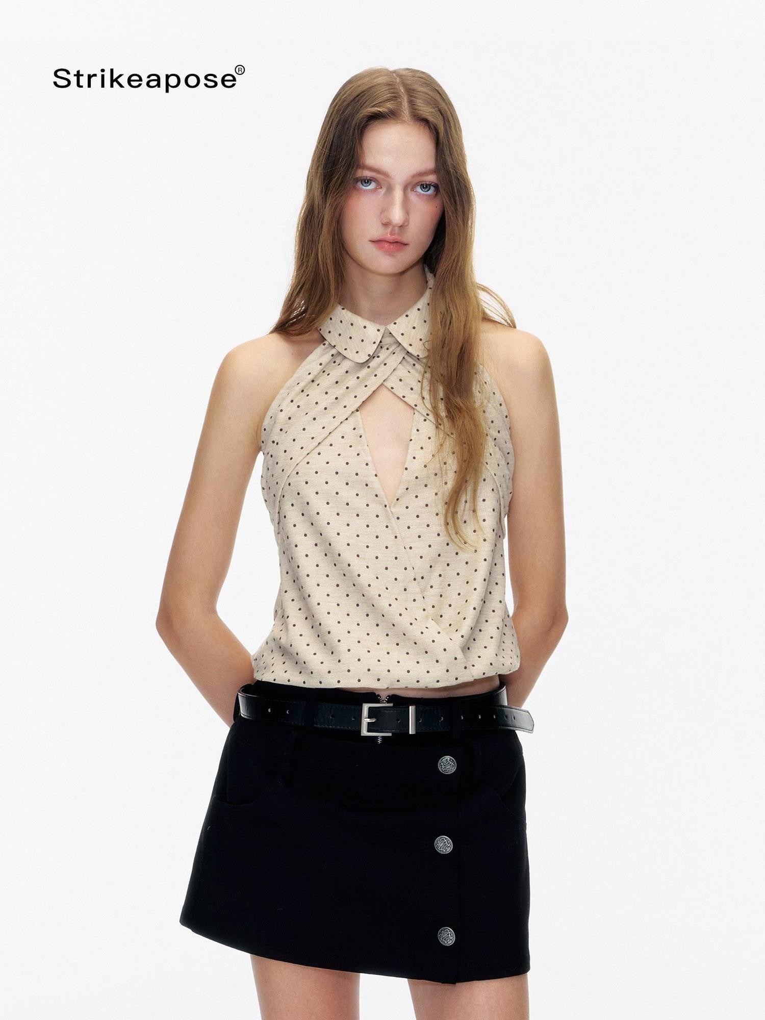 STRIKE A POSE Doll Collar Polka Dot Backless Pleated Women&