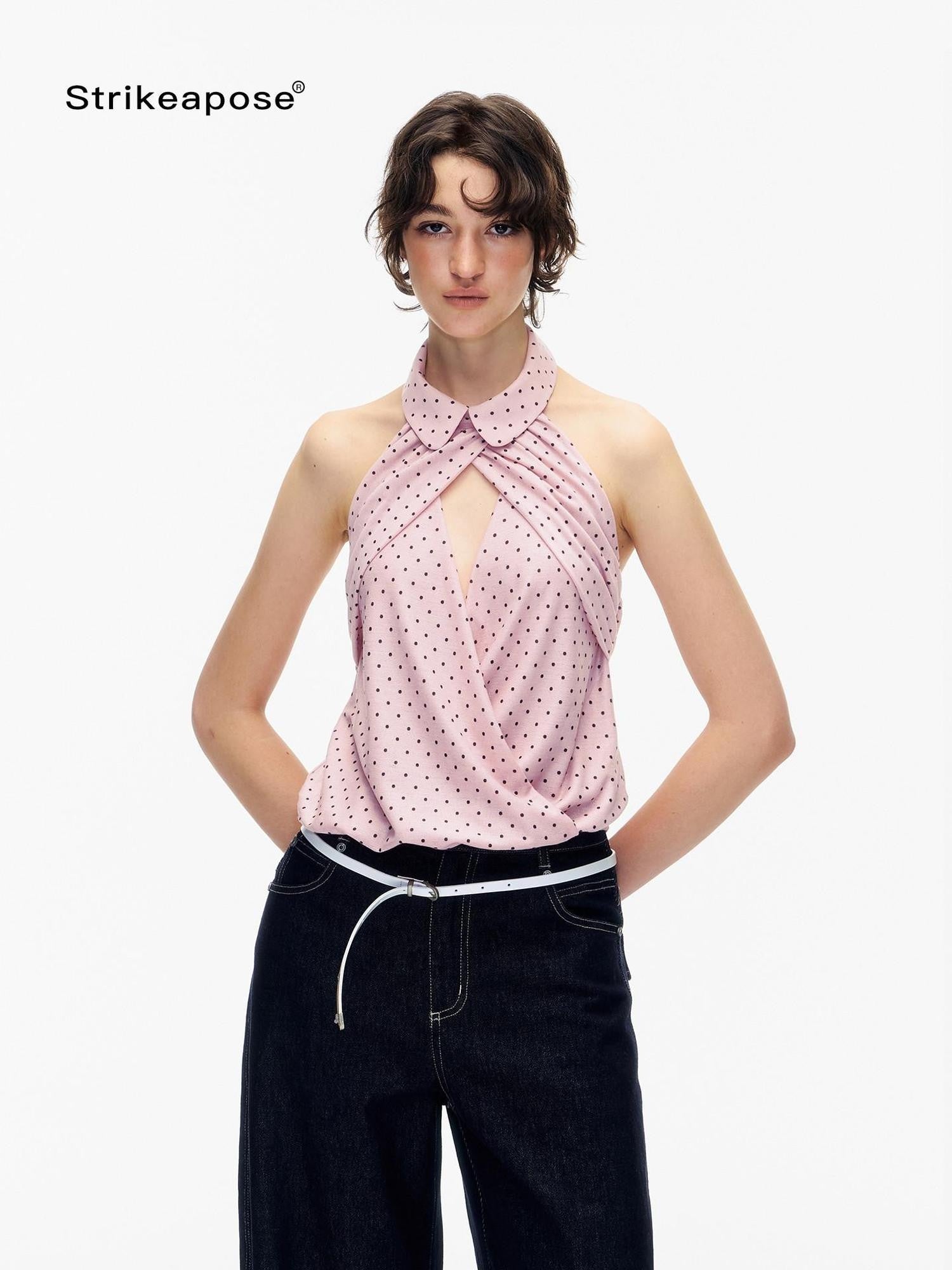 STRIKE A POSE Doll Collar Polka Dot Backless Pleated Women&