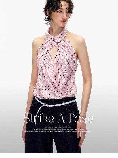 STRIKE A POSE Doll Collar Polka Dot Backless Pleated Women&
