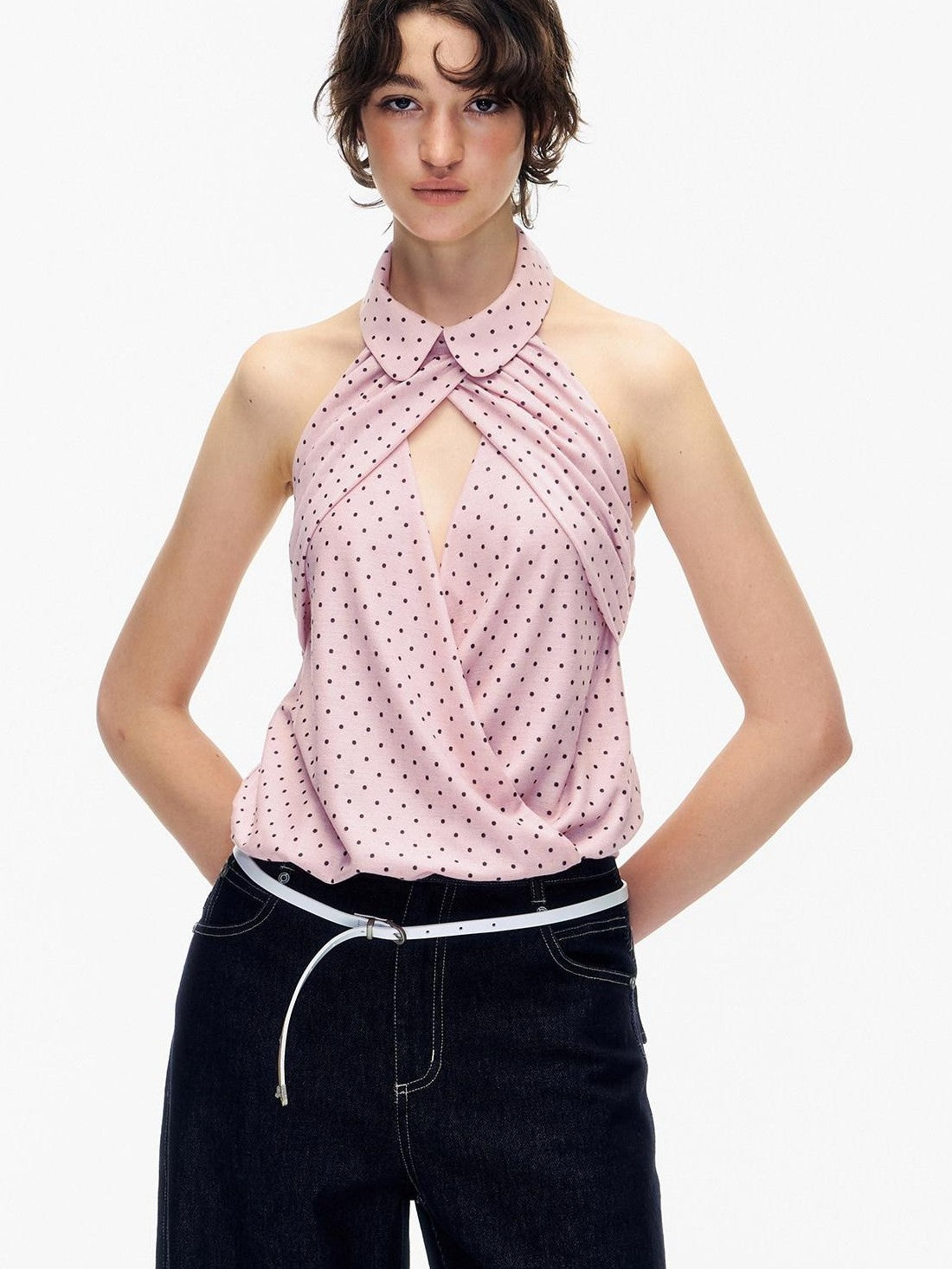 STRIKE A POSE Doll Collar Polka Dot Backless Pleated Women&