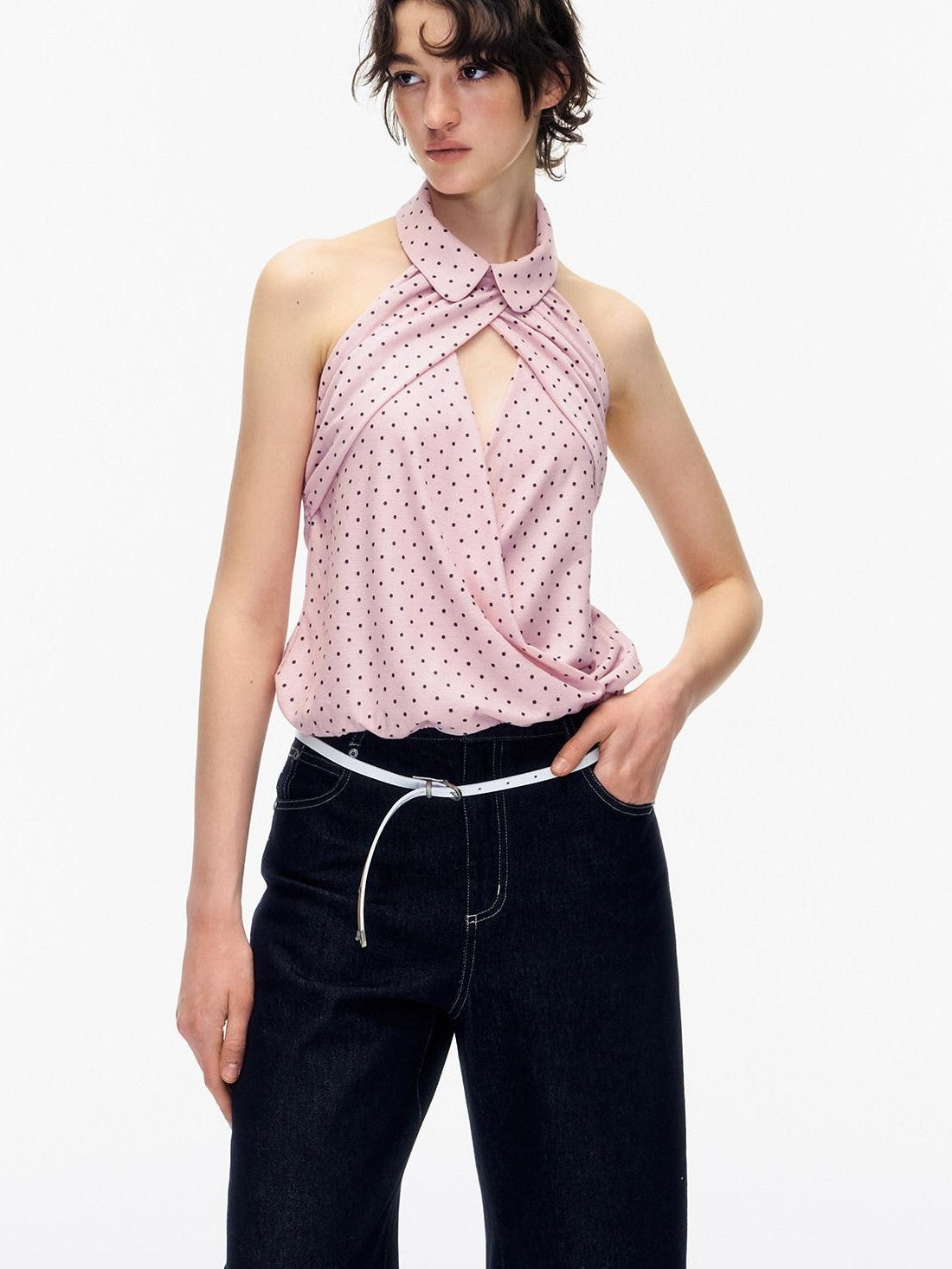 STRIKE A POSE Doll Collar Polka Dot Backless Pleated Women&
