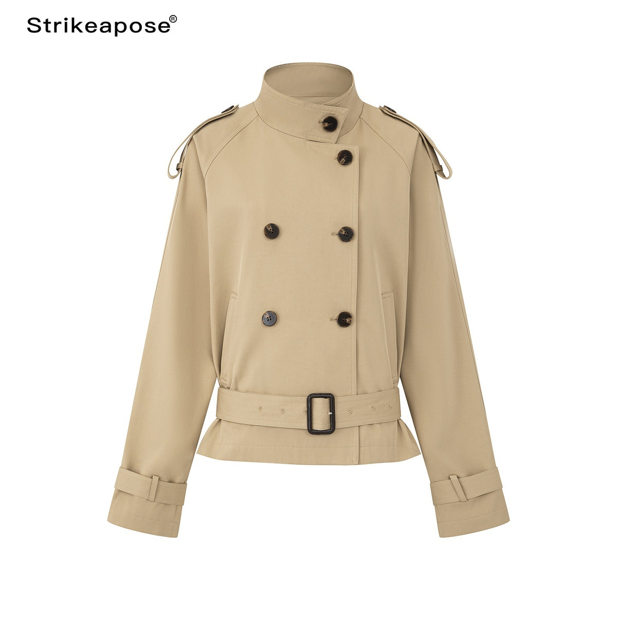 STRIKE_A_POSE_Double_Breasted_Stand_Collar_Belted_Cropped_Women&