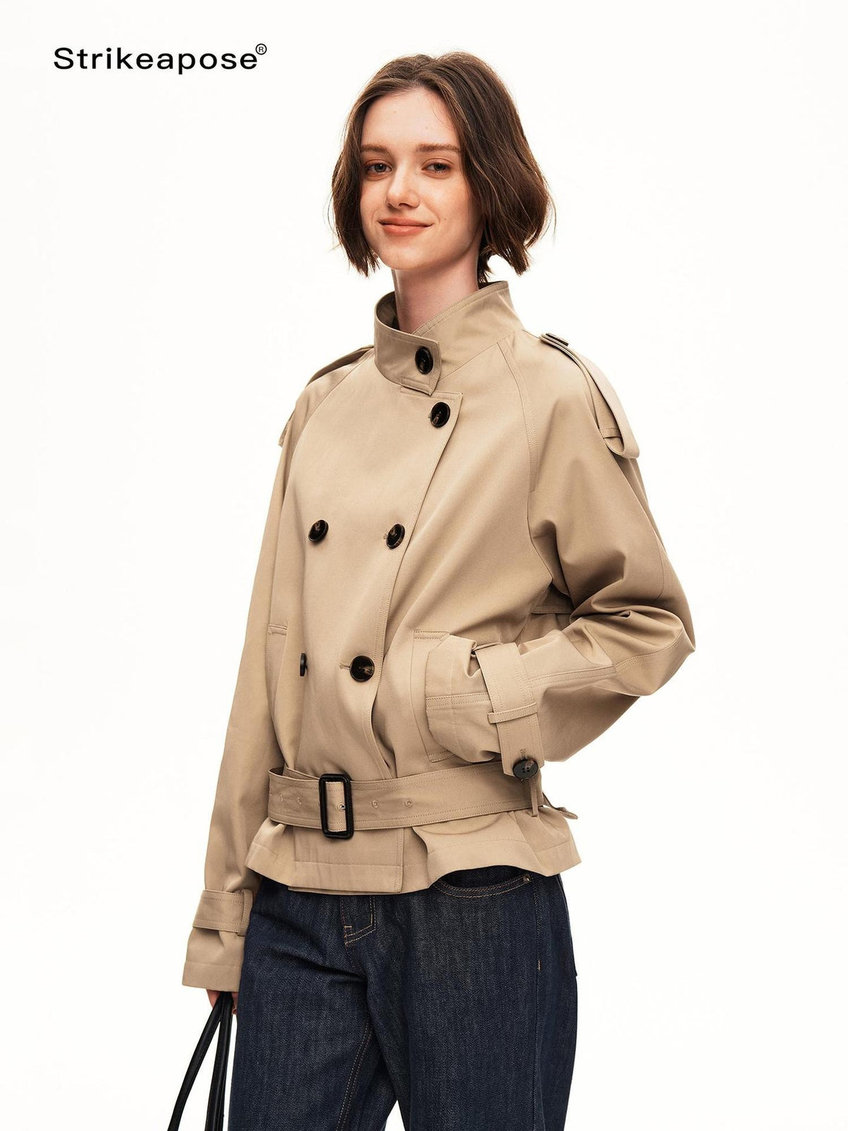 STRIKE A POSE Double Breasted Stand Collar Belted Cropped Women&