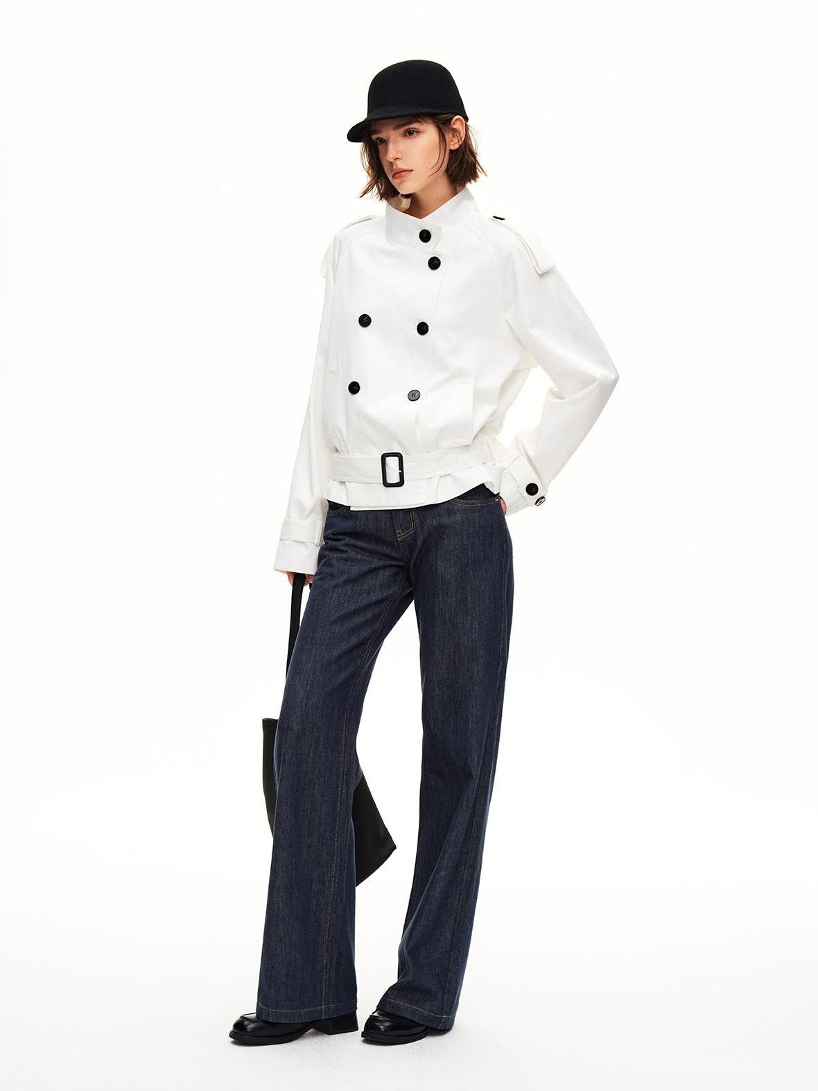 STRIKE A POSE Double Breasted Stand Collar Belted Cropped Women&