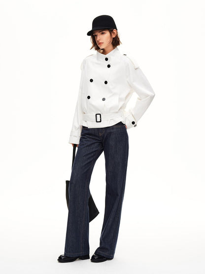 STRIKE A POSE Double Breasted Stand Collar Belted Cropped Women&
