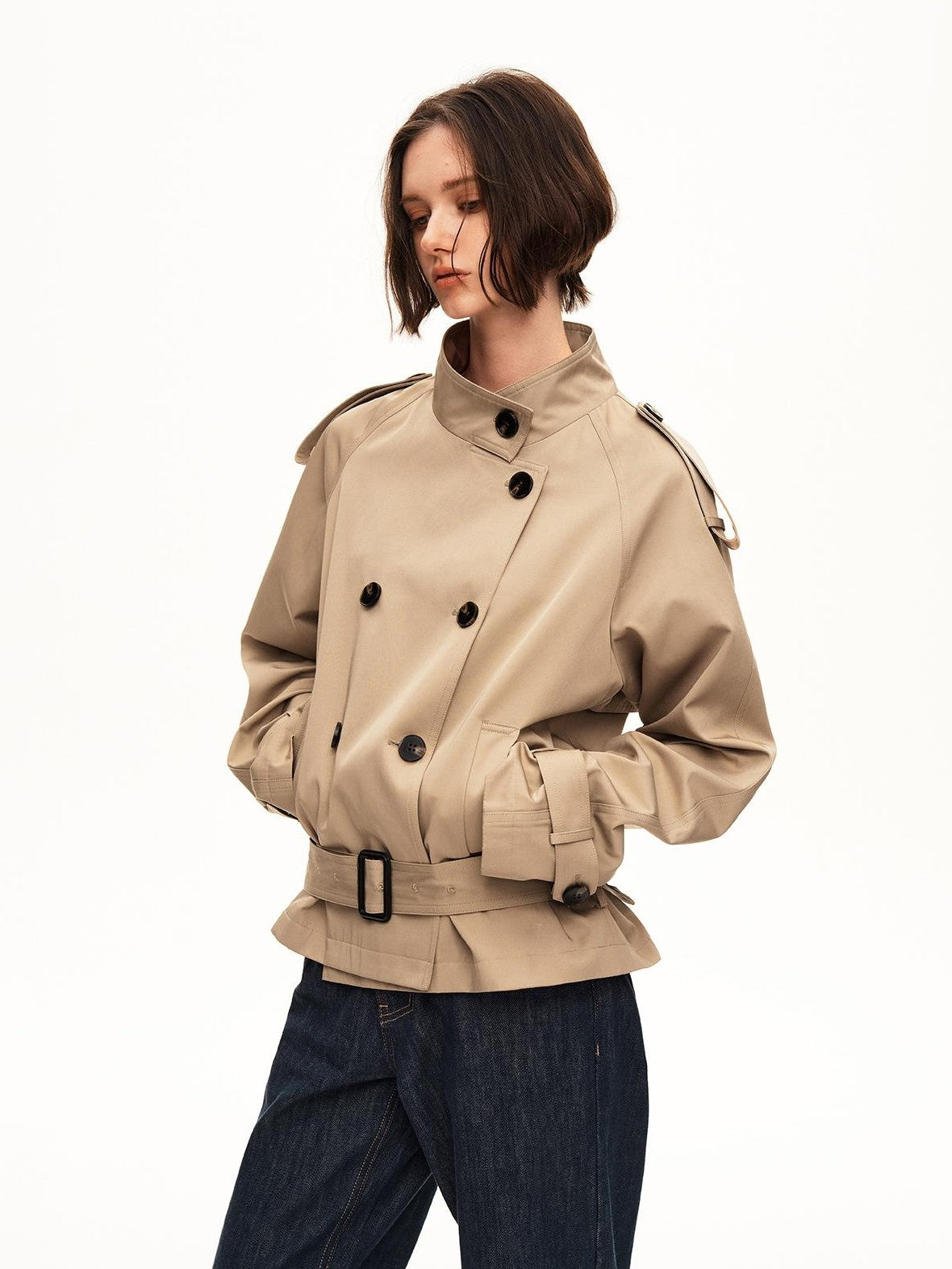 STRIKE A POSE Double Breasted Stand Collar Belted Cropped Women&