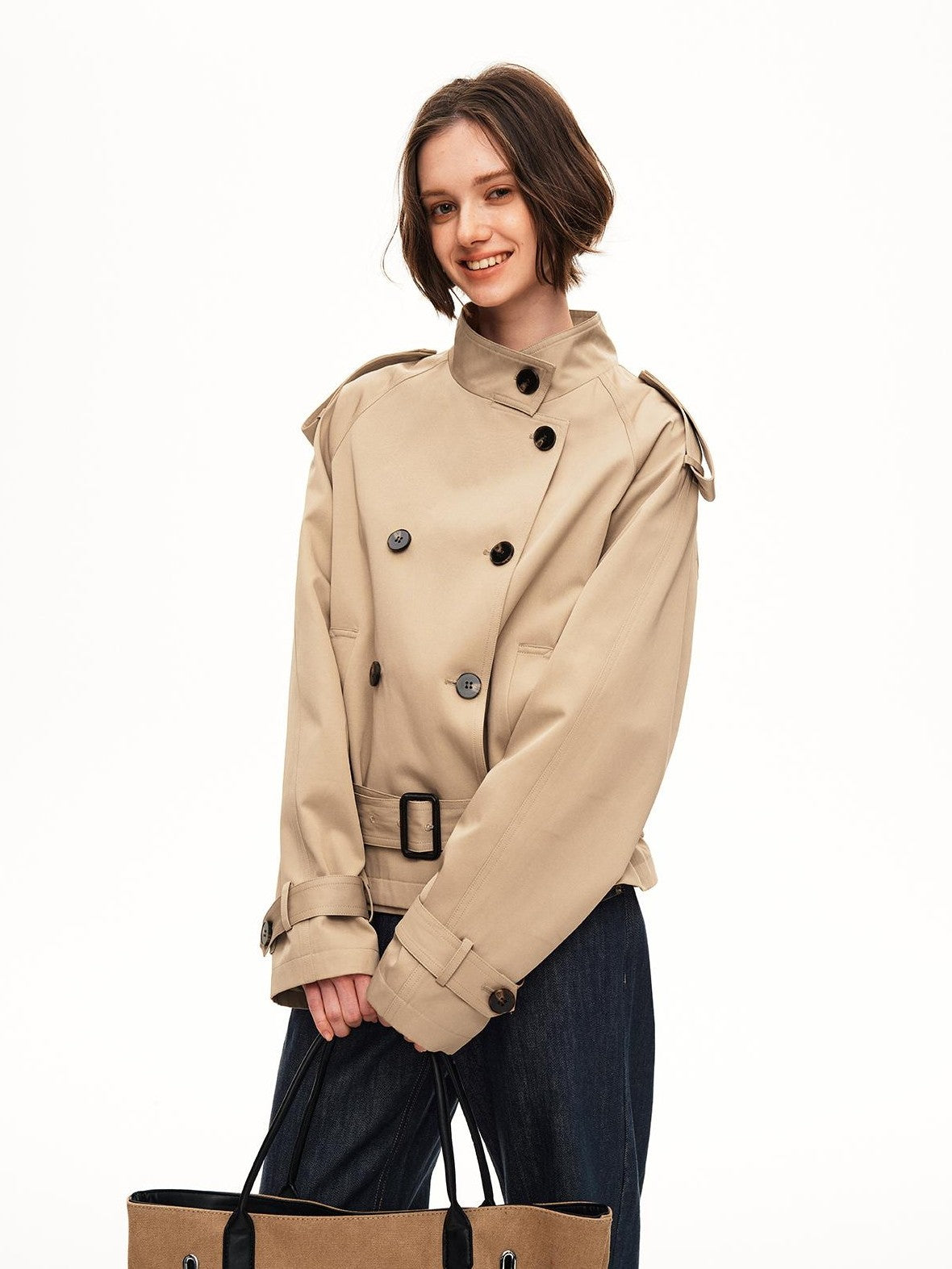 STRIKE A POSE Double Breasted Stand Collar Belted Cropped Women&