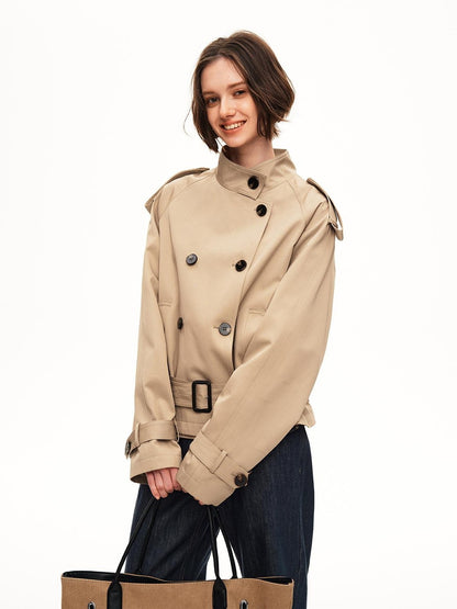 STRIKE A POSE Double Breasted Stand Collar Belted Cropped Women&