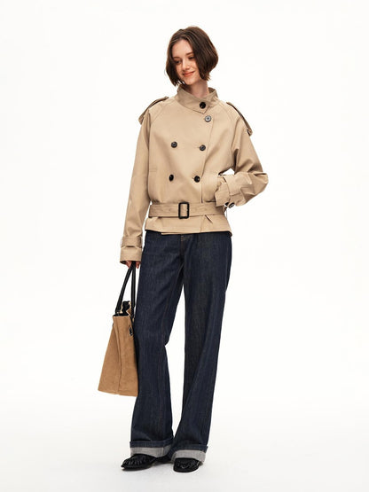 STRIKE A POSE Double Breasted Stand Collar Belted Cropped Women&