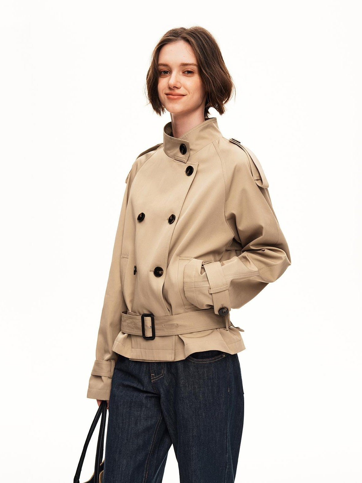 STRIKE A POSE Double Breasted Stand Collar Belted Cropped Women&