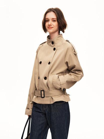 STRIKE A POSE Double Breasted Stand Collar Belted Cropped Women&