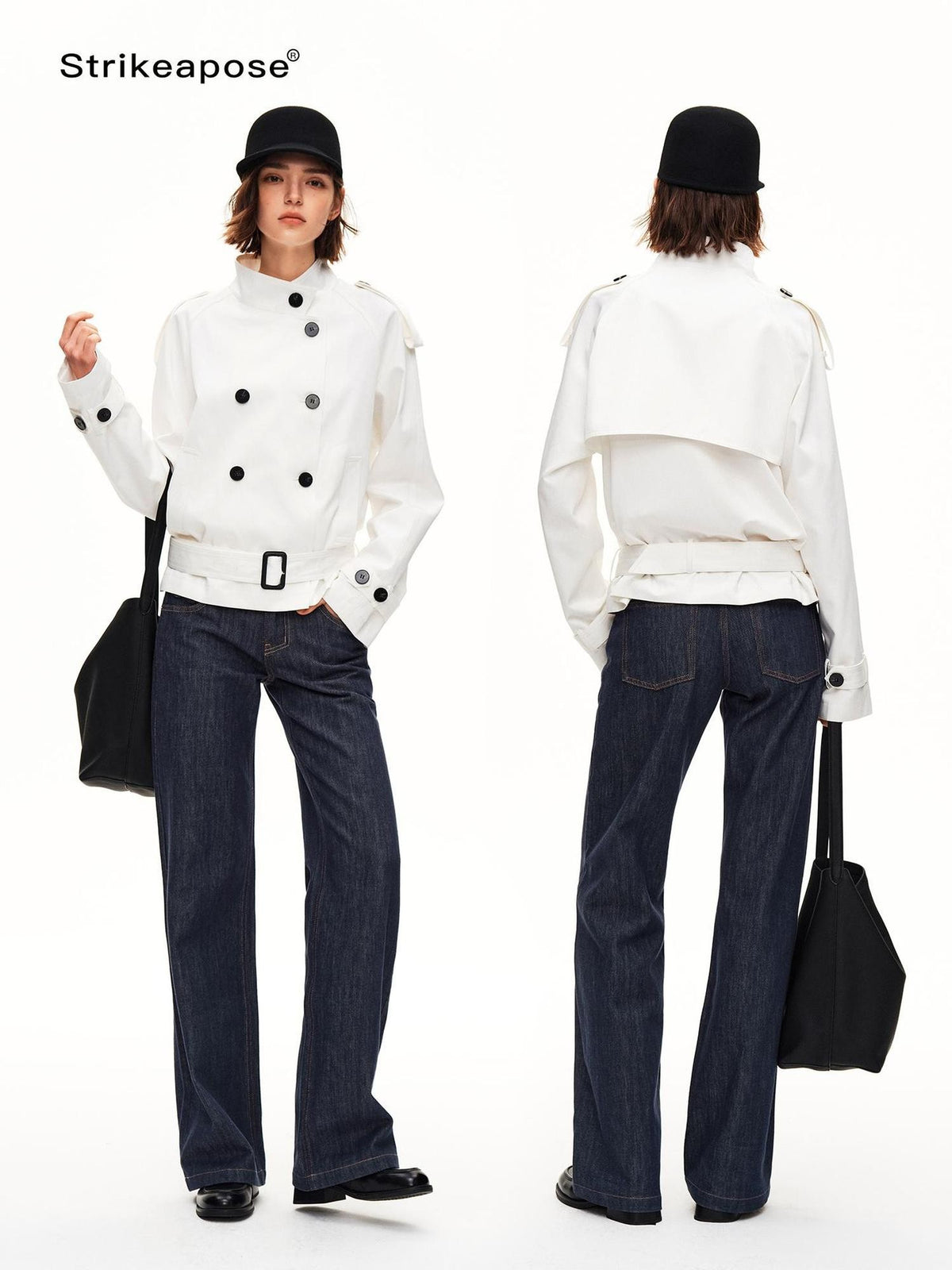 STRIKE A POSE Double Breasted Stand Collar Belted Cropped Women&