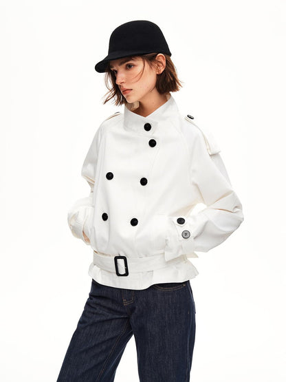 STRIKE A POSE Double Breasted Stand Collar Belted Cropped Women&