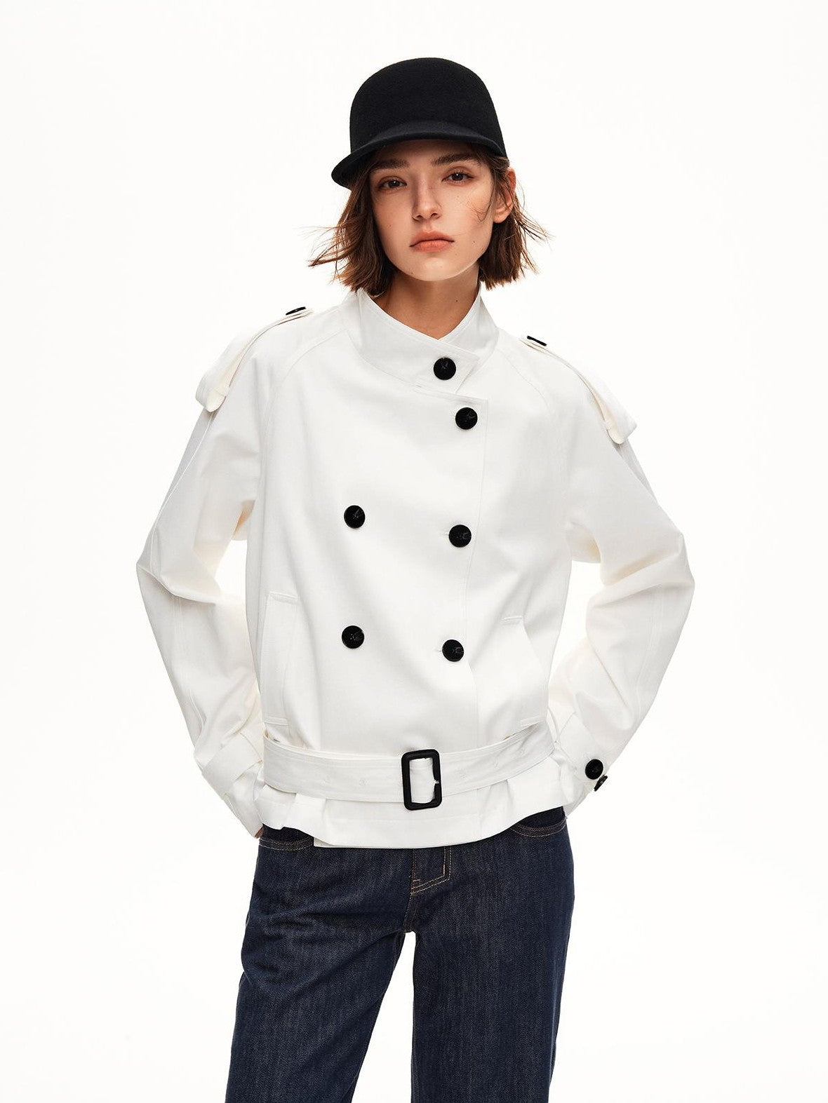 STRIKE A POSE Double Breasted Stand Collar Belted Cropped Women&