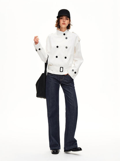 STRIKE A POSE Double Breasted Stand Collar Belted Cropped Women&