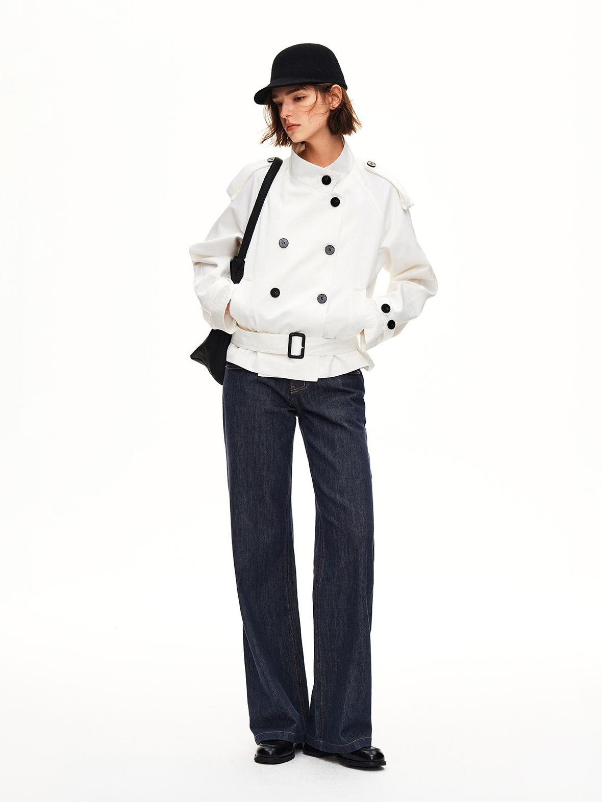 STRIKE A POSE Double Breasted Stand Collar Belted Cropped Women&
