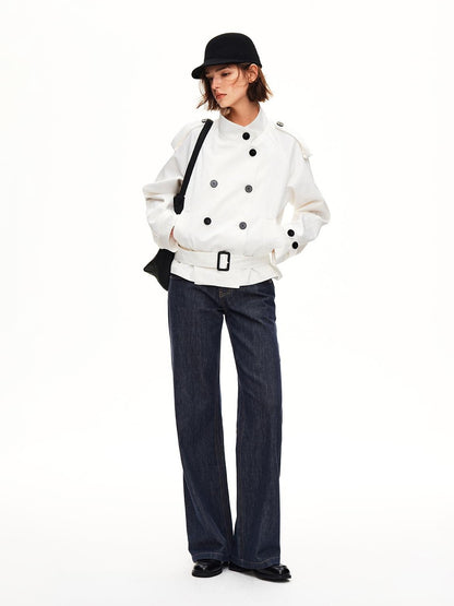 STRIKE A POSE Double Breasted Stand Collar Belted Cropped Women&