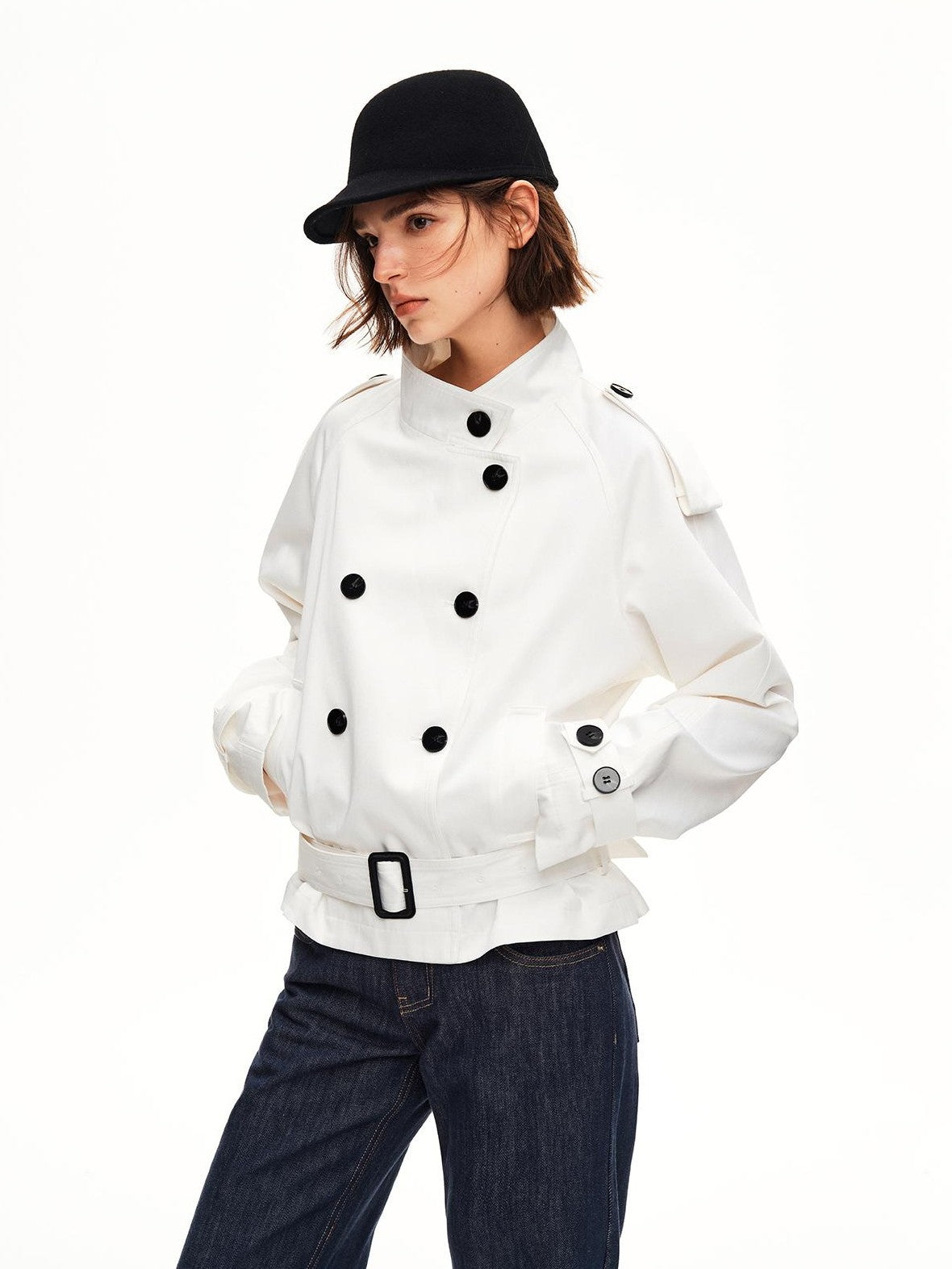 STRIKE A POSE Double Breasted Stand Collar Belted Cropped Women&