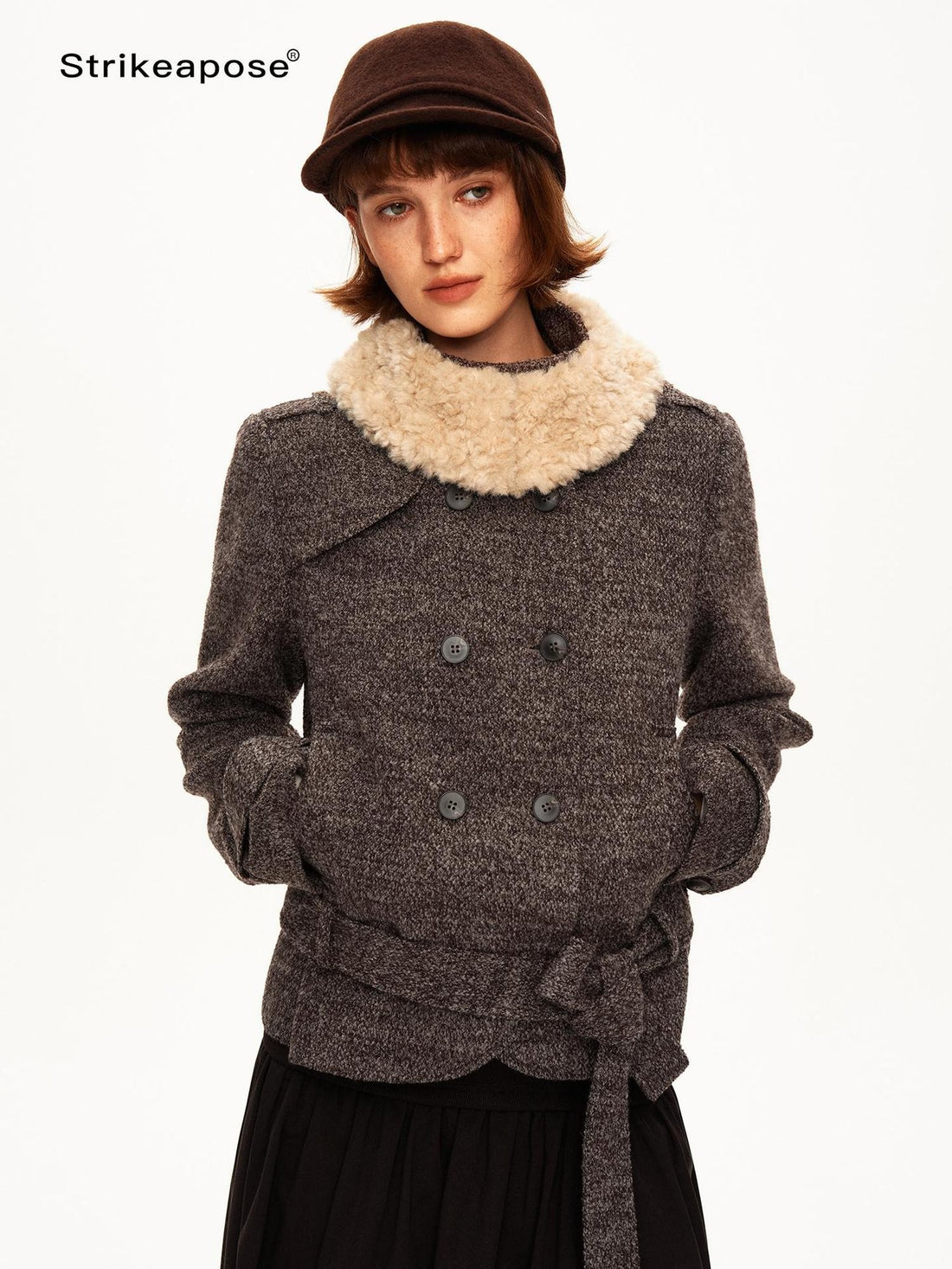 STRIKE A POSE Double Breasted Stand Collar Curved Hem Cropped Women&