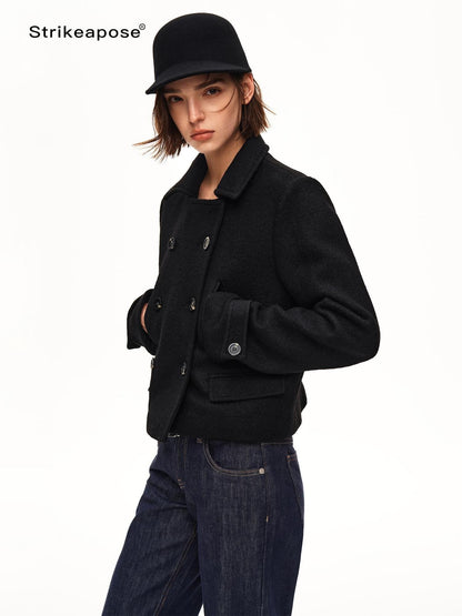 STRIKE A POSE Double Breasted Wool Collarless Women&