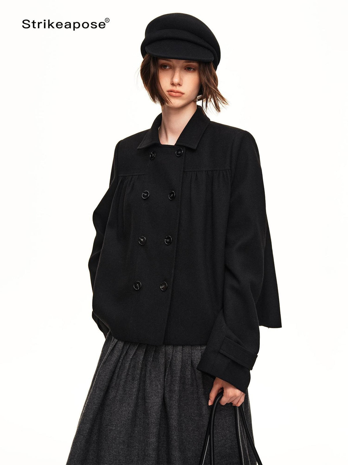 STRIKE A POSE Double Breasted Wool Lapel Cropped Loose Vintage Women&