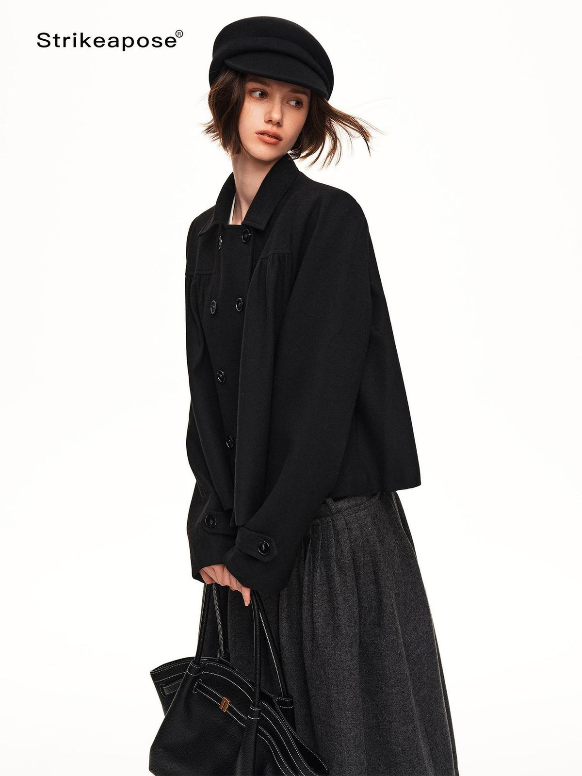 STRIKE A POSE Double Breasted Wool Lapel Cropped Loose Vintage Women&