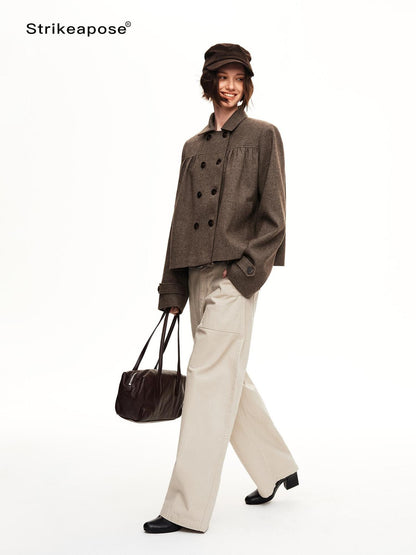 STRIKE A POSE Double Breasted Wool Lapel Cropped Loose Vintage Women&