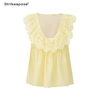 STRIKE_A_POSE_Double_Layer_Lace_Cutout_Ruffle_V-neck_High_Waist_Crop_Women&