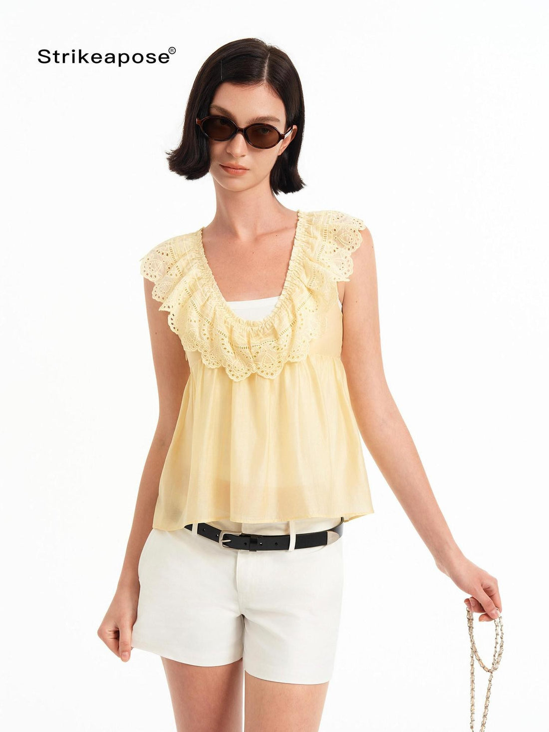 STRIKE A POSE Double Layer Lace Cutout Ruffle V-neck High Waist Crop Women&