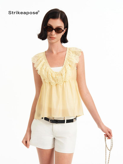 STRIKE A POSE Double Layer Lace Cutout Ruffle V-neck High Waist Crop Women&