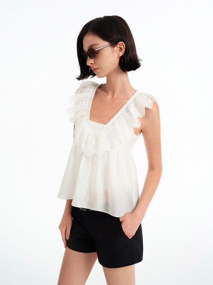 STRIKE A POSE Double Layer Lace Cutout Ruffle V-neck High Waist Crop Women&