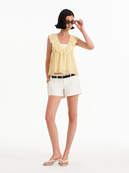 STRIKE A POSE Double Layer Lace Cutout Ruffle V-neck High Waist Crop Women&