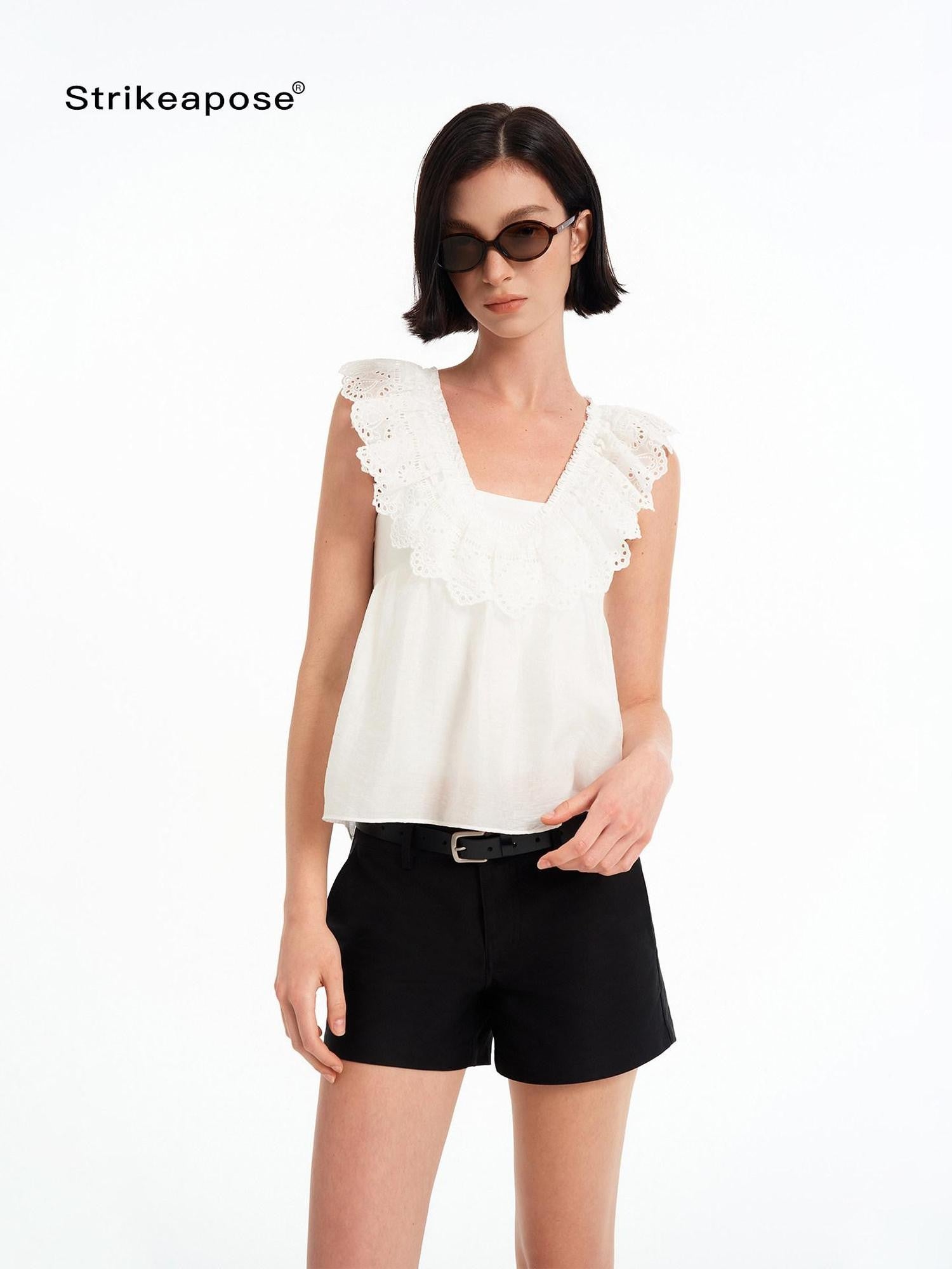 STRIKE A POSE Double Layer Lace Cutout Ruffle V-neck High Waist Crop Women&