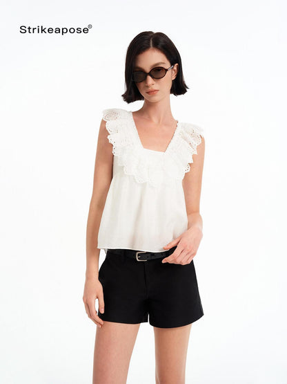STRIKE A POSE Double Layer Lace Cutout Ruffle V-neck High Waist Crop Women&