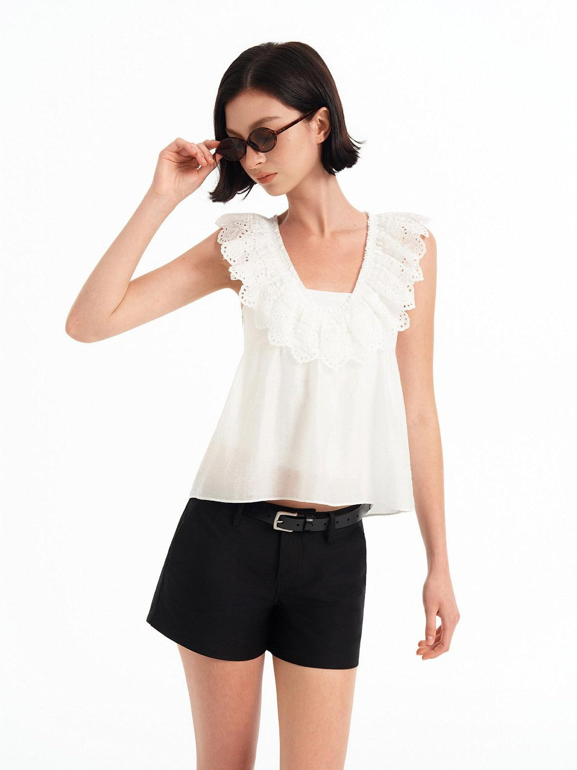STRIKE A POSE Double Layer Lace Cutout Ruffle V-neck High Waist Crop Women&