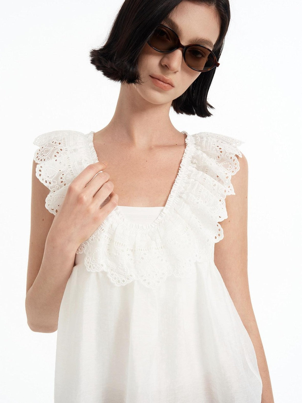 STRIKE A POSE Double Layer Lace Cutout Ruffle V-neck High Waist Crop Women&