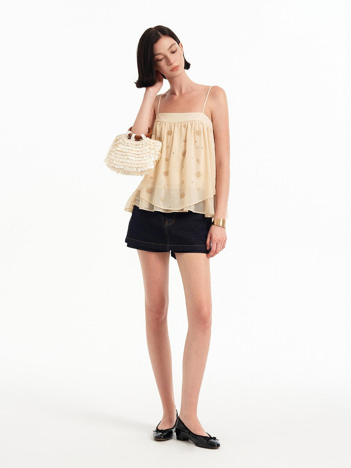 STRIKE A POSE Double Layer Sheer Embroidered Beaded Square Neck Women&