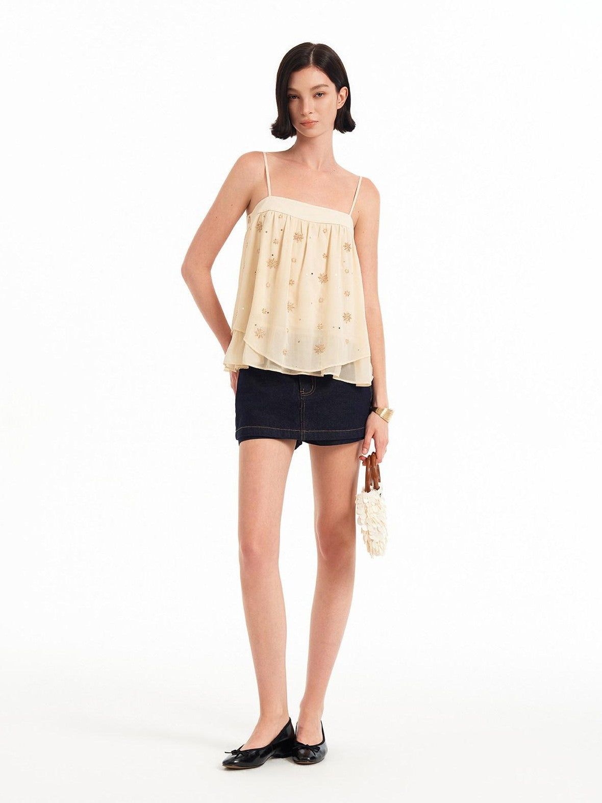 STRIKE A POSE Double Layer Sheer Embroidered Beaded Square Neck Women&