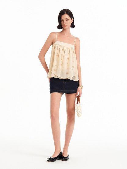 STRIKE A POSE Double Layer Sheer Embroidered Beaded Square Neck Women&