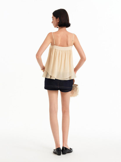 STRIKE A POSE Double Layer Sheer Embroidered Beaded Square Neck Women&