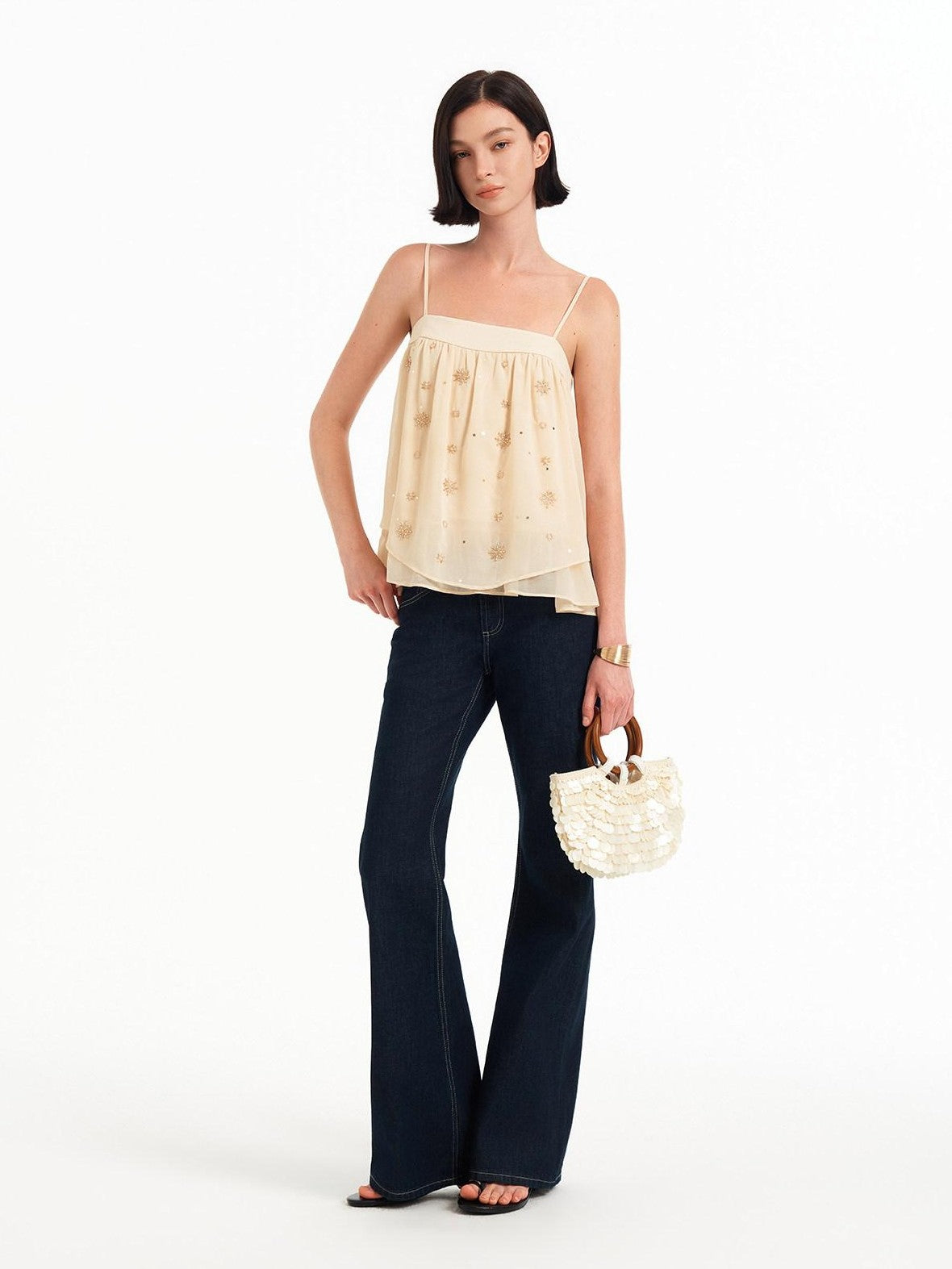 STRIKE A POSE Double Layer Sheer Embroidered Beaded Square Neck Women&