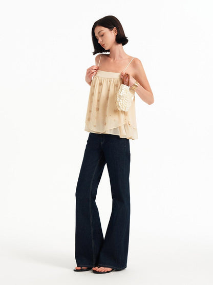 STRIKE A POSE Double Layer Sheer Embroidered Beaded Square Neck Women&