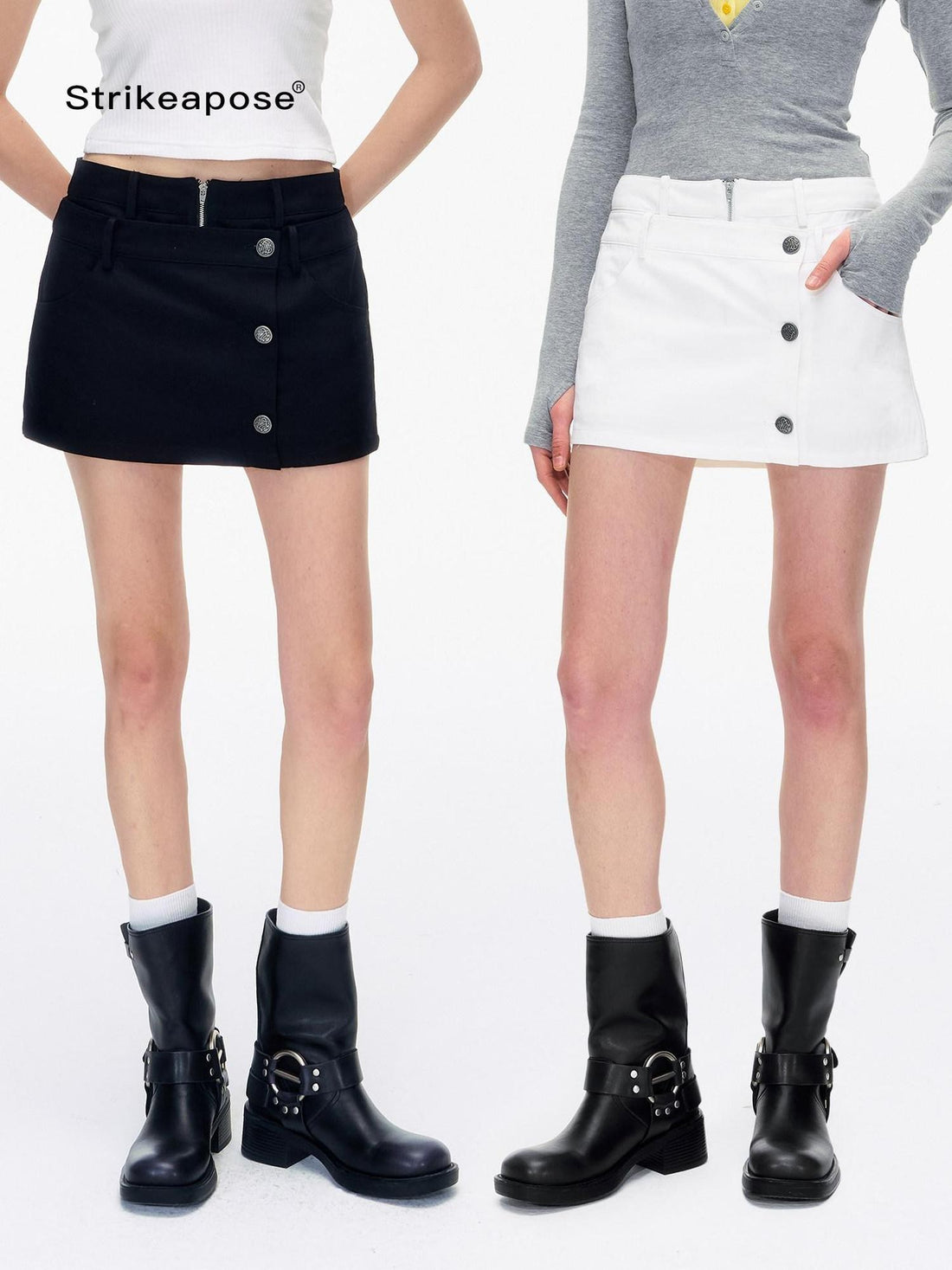 STRIKE A POSE Double Waist Faux Two Piece Cargo Button Decor Women&