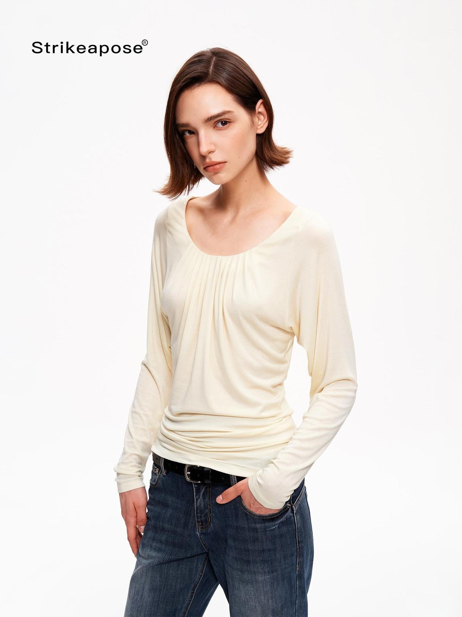 STRIKE A POSE Drapey Ruched Slim Fit U Neck Knit Women&