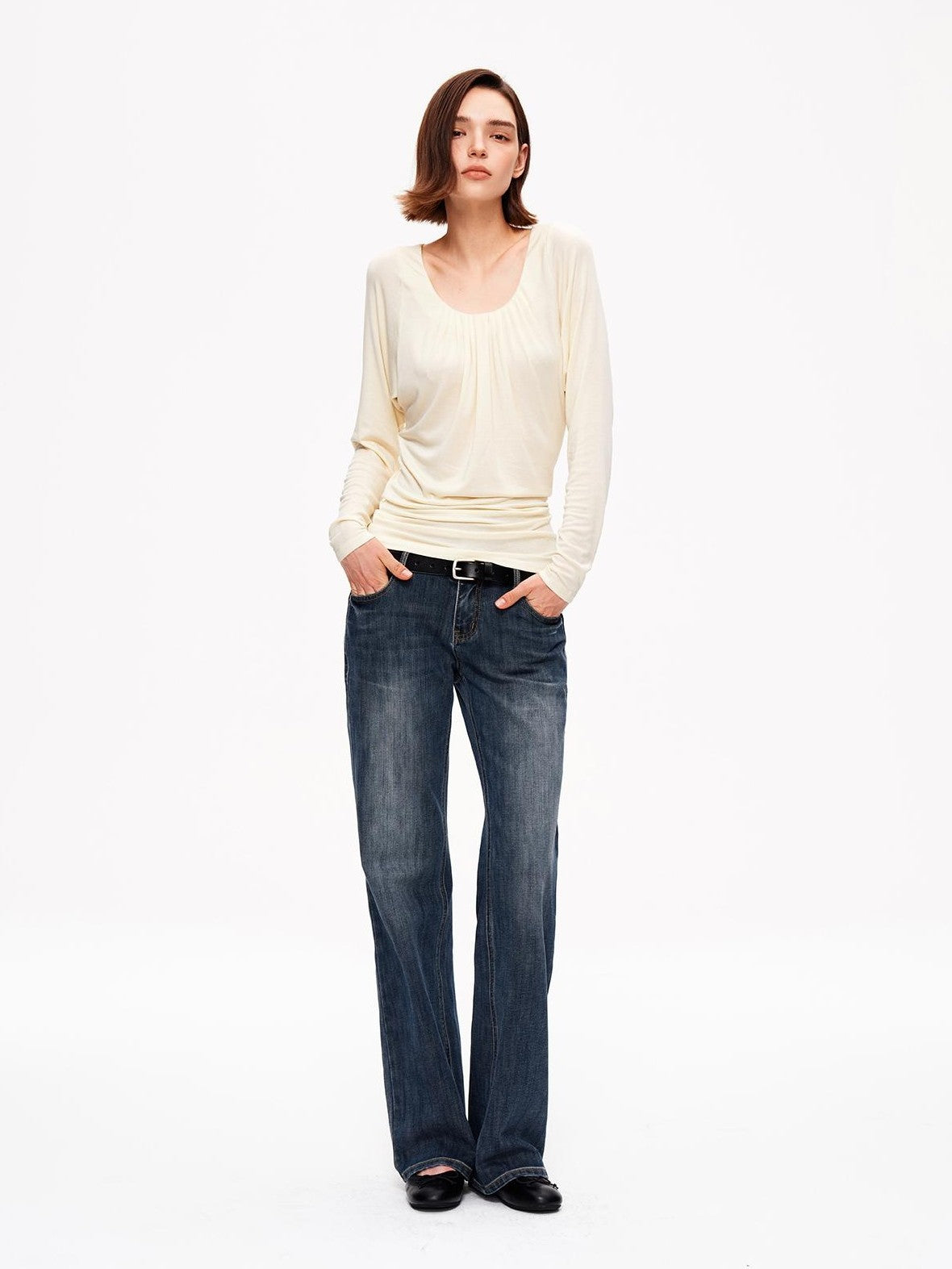 STRIKE A POSE Drapey Ruched Slim Fit U Neck Knit Women&